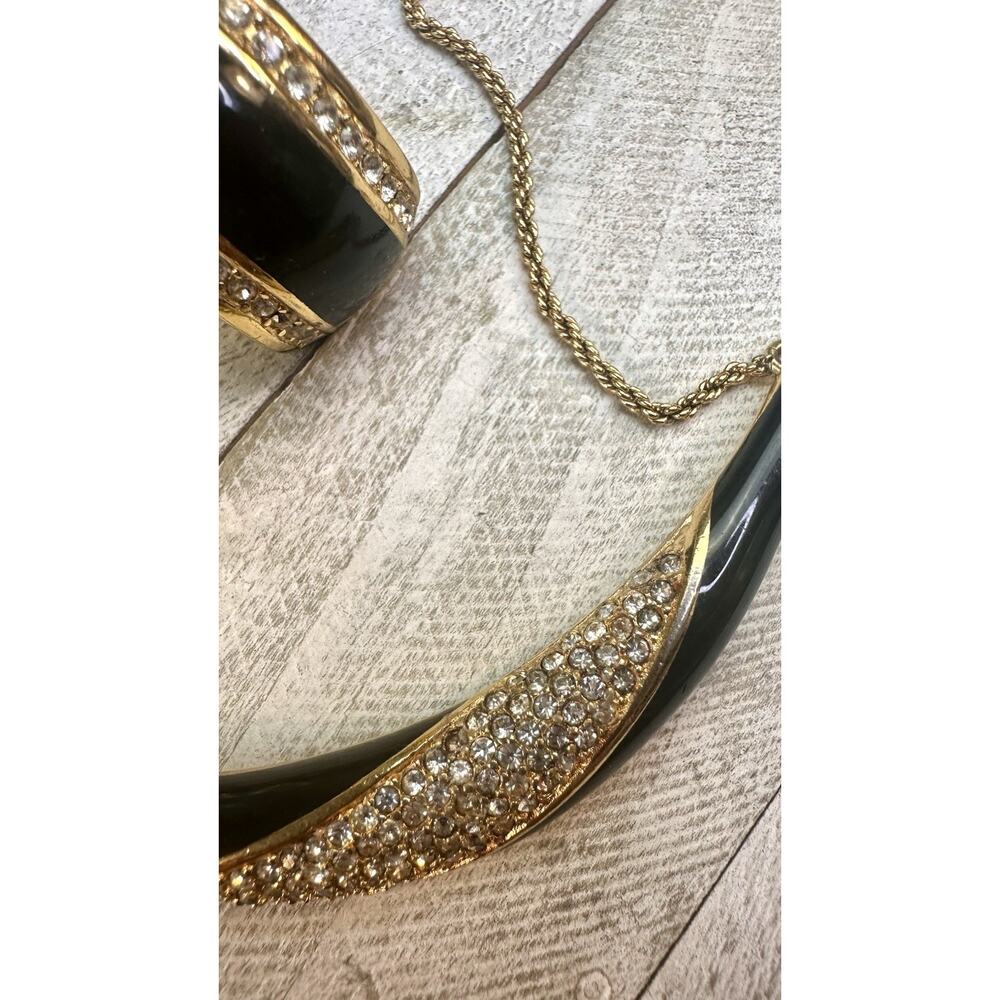 Christian Dior Vtg 1980s Black Enamel Pave Rhinestone Necklace Clip Earrings Set - Picture 8 of 13